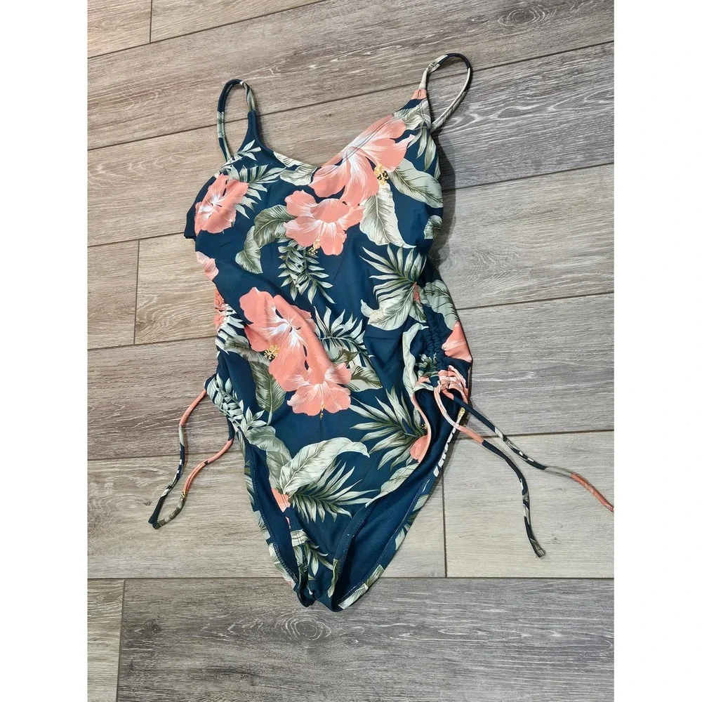 Kona Sol Women's Teal Floral Side-Tie Medium Coverage One Piece Swimsuit-Large